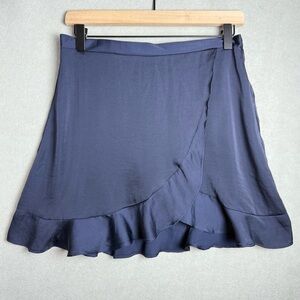 Free People Intimately Womens Navy Blue Satin Mini Faux Wrap Ruffle Skirt size M